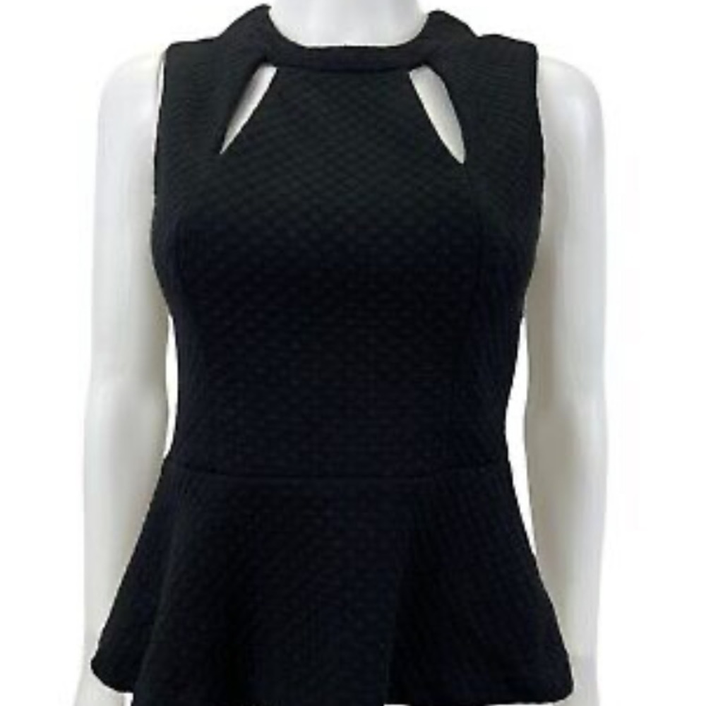 Black Trina Turk Diamond Textured Peplum Top with Cutouts